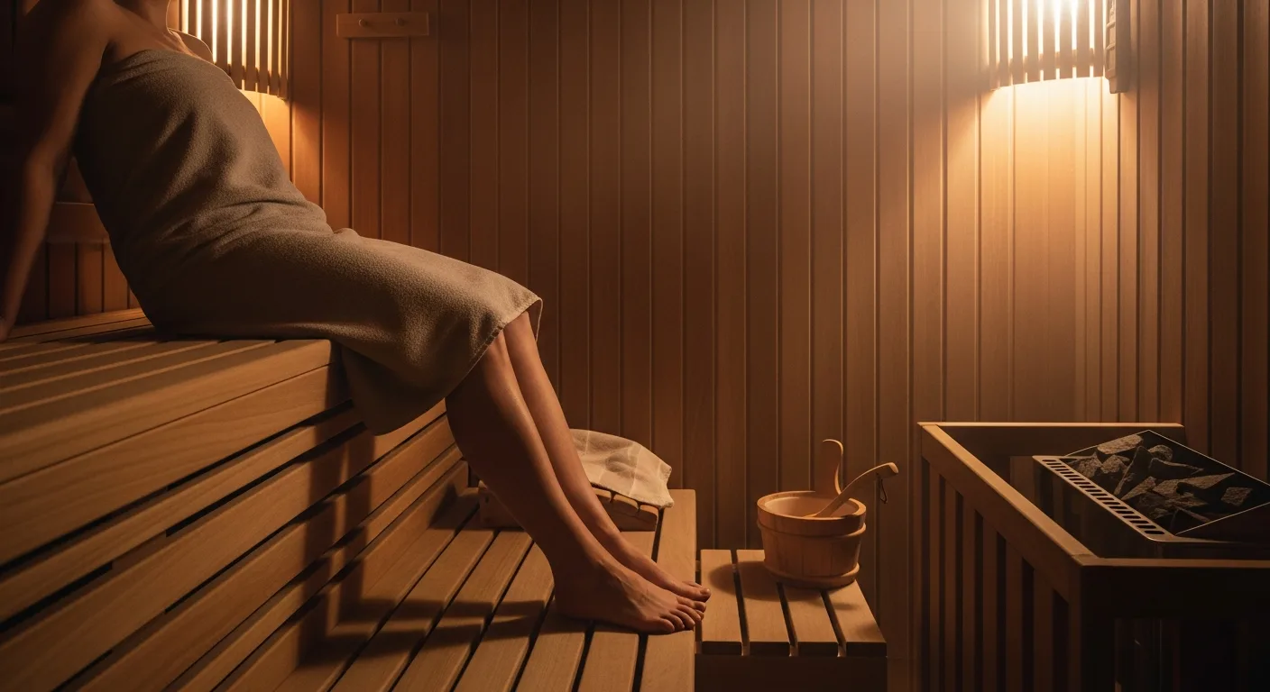 Bare feet resting on pale wooden boards in a warm, dimly lit sauna, a towel and wooden bucket nearby.
