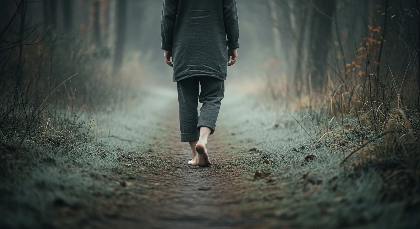 A barefoot walker on a misty woodland path at first light, muted greens and greys.