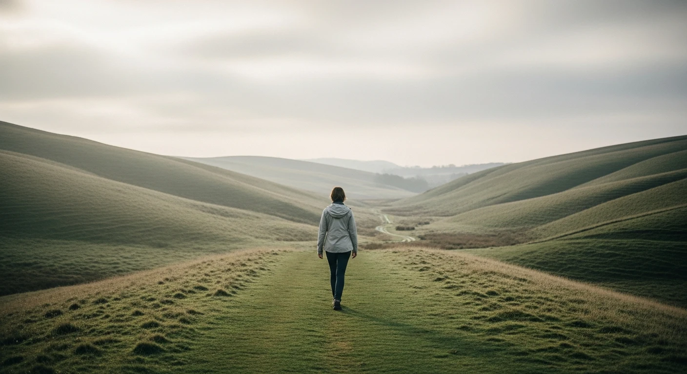 A lone walker on an open path winding through muted green hills under soft overcast light.