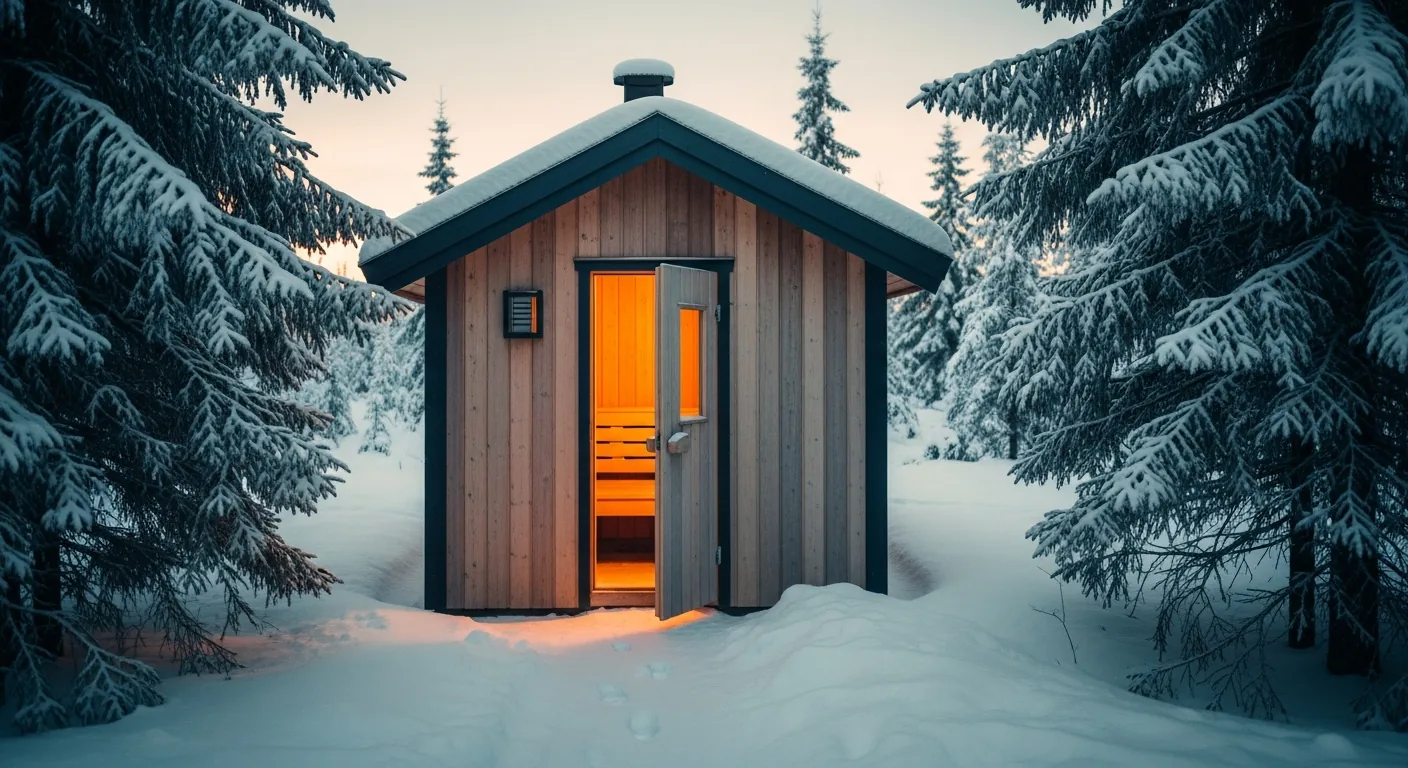 A solitary cedar-clad sauna cabin entrance in a snowy Nordic forest at first light, warm interior glow spilling onto fresh snow