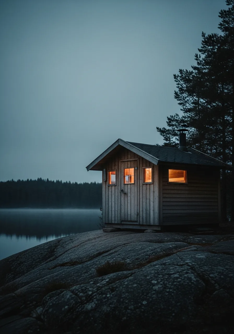 Weathered wooden Finnish sauna cabin above a still lake at blue-hour dusk
